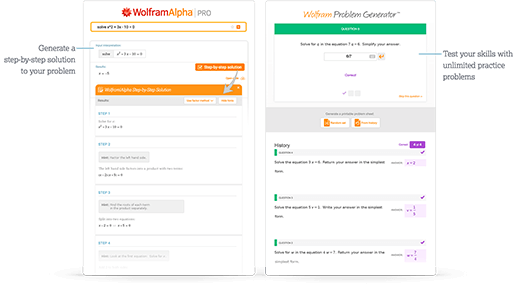 Soluciones paso a paso para resolver ecuaciones con sugerencias informativas y problemas de práctica ilimitados sobre resolución de ecuaciones del Generador de problemas Wolfram