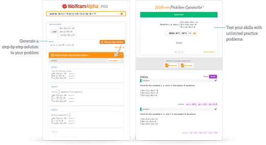 Soluciones paso a paso para sistemas de ecuaciones con métodos alternativos y problemas de práctica ilimitados del Generador de problemas Wolfram