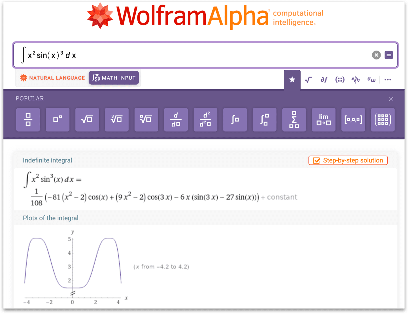 Entradas matemáticas en wolframalpha.com