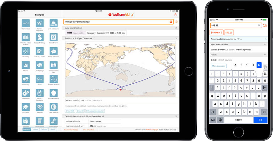 Captura de pantalla de aplicación de Wolfram Alpha en iPad